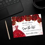 Sweet 16 zwarte gouden kledingbloemen, met uitzond aankondigingskaart<br><div class="desc">Een meisje en trendy Save the Date Card for a Sweet 16, 16th verjaardagsfeestje. Een zwarte achtergrond versierde zwarte rozen, faux gouden glitter sparkles en een gouden jurk. Pas een datum en een naam/leeftijd aan en voeg deze toe. De tekst: Sparen de Datum wordt geschreven met een groot trendy hand...</div>