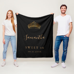 Sweet 16 zwarte gouden tiara-kroonnaam fleece deken