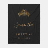 Sweet 16 zwarte gouden tiara-kroonnaam fleece deken (Voorkant)