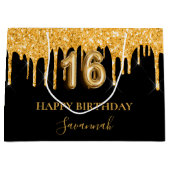 Sweet 16 zwarte goudglitter druppelt naam verjaard groot cadeauzakje (Voorkant)
