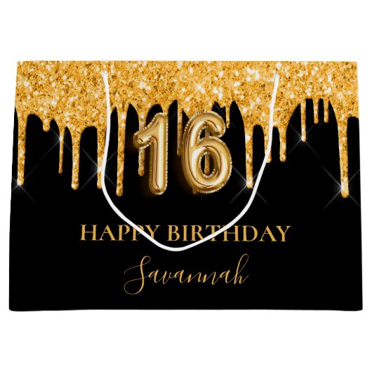 Sweet 16 zwarte goudglitter druppelt naam verjaard groot cadeauzakje (Voorkant)