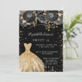 Sweet 16 zwarte goudglitter-kledingpartij kaart (Staand voorkant)
