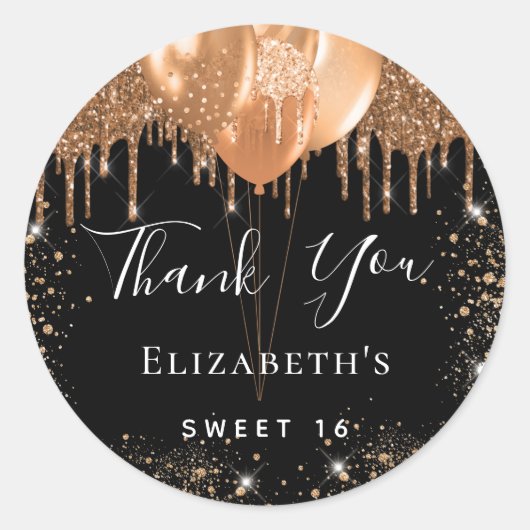 Sweet 16 zwarte goudglitter naam bedankt ronde sticker (Voorkant)