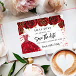 Sweet 16 zwarte goudjurken, glamoureus save the date<br><div class="desc">Een meisje en trendy Save the Date Card for a Sweet 16, 16th verjaardagsfeestje. Een zwarte achtergrond versierde zwarte rozen, faux gouden glitter sparkles en een gouden jurk. Pas een datum en een naam/leeftijd aan en voeg deze toe. De tekst: Sparen de Datum wordt geschreven met een groot trendy hand...</div>