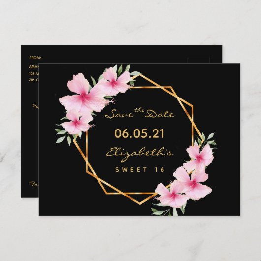 Sweet 16 zwarte goudroze bloemen Bespaar de Datum Briefkaart (Voorkant / Achterkant)