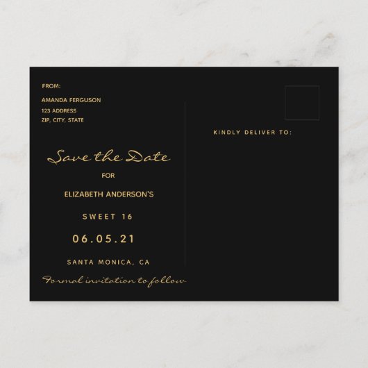 Sweet 16 zwarte goudroze bloemen Bespaar de Datum Briefkaart (Achterkant)