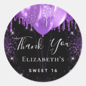 Sweet 16 zwarte paarse glitter naam bedankt ronde sticker (Voorkant)