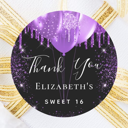 Sweet 16 zwarte paarse glitter naam bedankt ronde sticker