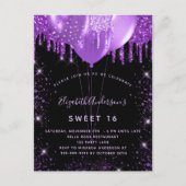 Sweet 16 zwarte paarse glitterballonnen glamorus uitnodiging briefkaart (Voorkant)
