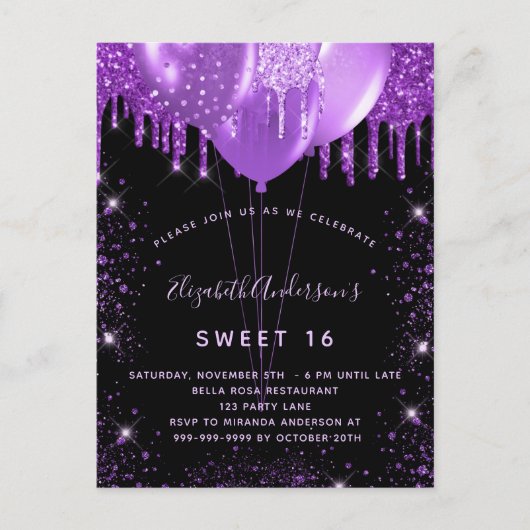 Sweet 16 zwarte paarse glitterballonnen glamorus uitnodiging briefkaart (Voorkant)