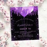Sweet 16 zwarte paarse glitterballonnen glamorus uitnodiging briefkaart<br><div class="desc">Voor een elegant Sweet 16, 16e verjaardag. Een stijlvolle zwarte achtergrond. Gedecorreerd met paarse faux glitter en ballonnen. Geef een persoonlijke naam, leeftijd en partijgegevens op en voeg deze toe. De naam wordt geschreven met een hand geschreven stijlmanuscript terug: het ontwerp van het briefkaart. Tip: als je niet wilt dat...</div>