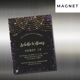 Sweet 16 zwarte paarse goudglitter glamoureus magnetische uitnodiging