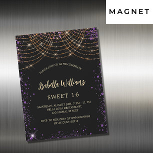 Sweet 16 zwarte paarse goudglitter glamoureus magnetische uitnodiging