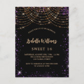 Sweet 16 zwarte paarse goudglitter glamoureus uitnodiging briefkaart (Voorkant)