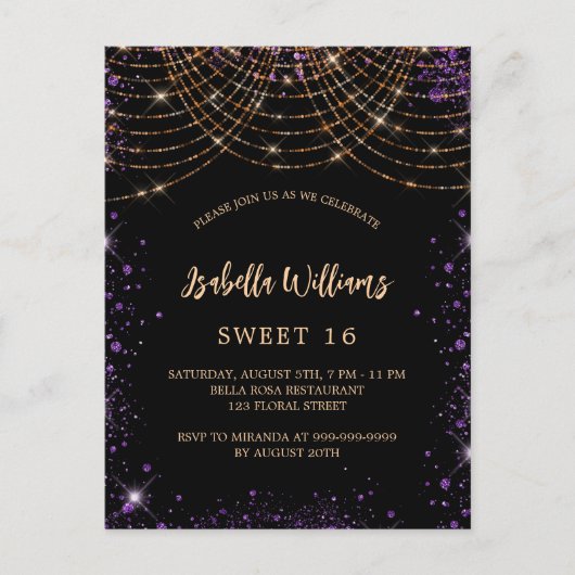 Sweet 16 zwarte paarse goudglitter glamoureus uitnodiging briefkaart (Voorkant)