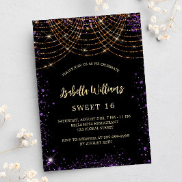 Sweet 16 zwarte paarse goudglitter glamoureus uitnodiging briefkaart