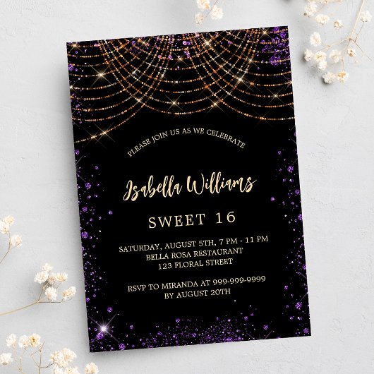 Sweet 16 zwarte paarse goudluxe kaart