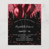 Sweet 16 zwarte rode ballonnen uitnodiging (Voorkant)