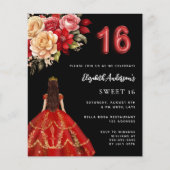 Sweet 16 zwarte rode jurk bloemen rozen uitnodigin (Voorkant)