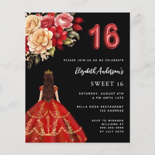 Sweet 16 zwarte rode jurk bloemen rozen uitnodigin (Voorkant)