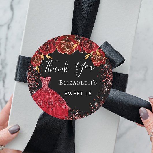 Sweet 16 zwarte rode kledingbloemen Bedankt Ronde Sticker