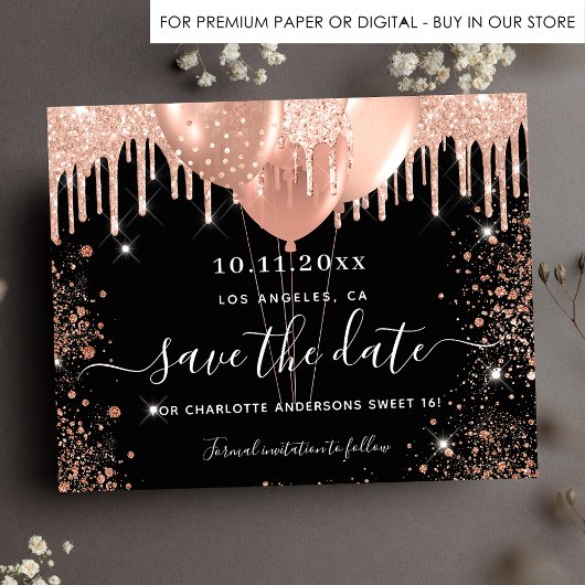 Sweet 16 zwarte roos gouden budget save-the-date flyer