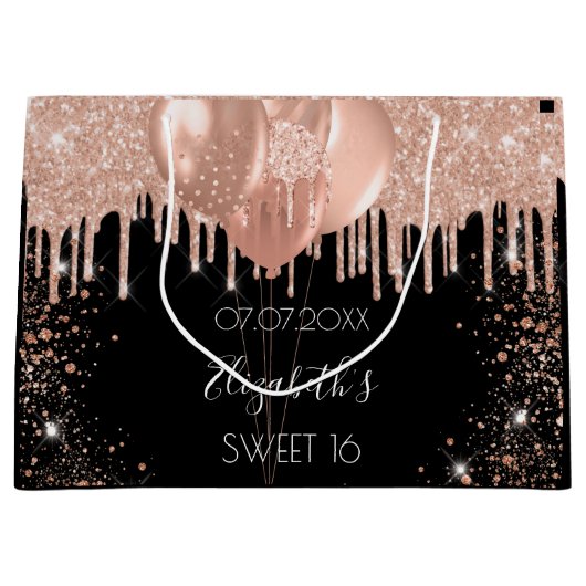 Sweet 16 zwarte roos goudzige glitterballonnen groot cadeauzakje (Voorkant)