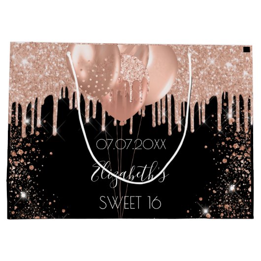 Sweet 16 zwarte roos goudzige glitterballonnen groot cadeauzakje (Achterkant)