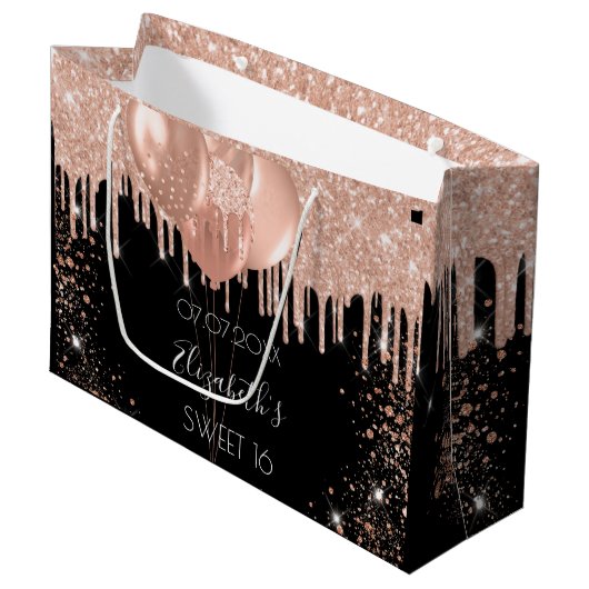 Sweet 16 zwarte roos goudzige glitterballonnen groot cadeauzakje (Voorkant Gekanteld)