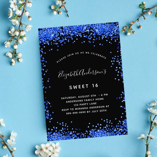 Sweet 16 zwarte royal blue-uitnodigingsmagneet