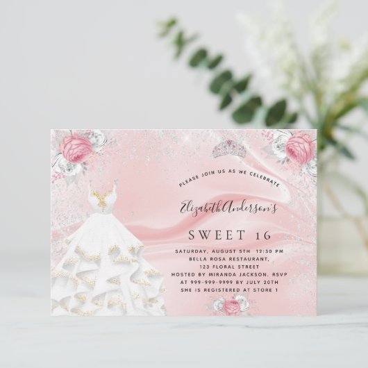 Sweet 16 zwarte roze glitter jurk tiara floral kaart (Staand voorkant)