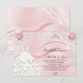 Sweet 16 zwarte roze glitter jurk tiara floral kaart (Voorkant / Achterkant)