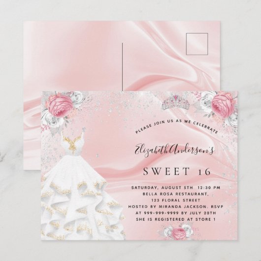 Sweet 16 zwarte roze glitter jurk tiara florals uitnodiging briefkaart (Voorkant / Achterkant)