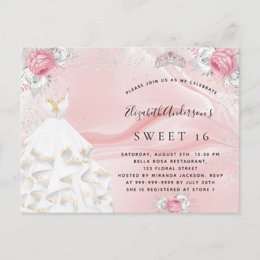 Sweet 16 zwarte roze glitter jurk tiara florals uitnodiging briefkaart (Voorkant)