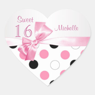 Sweet 16 zwarte, roze, witte stippen hart sticker