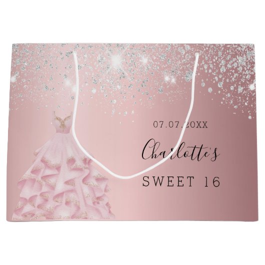 Sweet 16 zwarte roze zilverglitterjurk groot cadeauzakje (Voorkant)