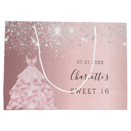 Sweet 16 zwarte roze zilverglitterjurk groot cadeauzakje (Achterkant)