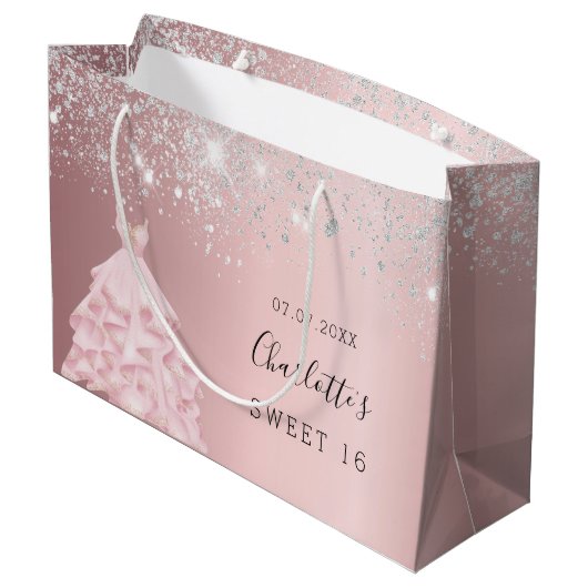 Sweet 16 zwarte roze zilverglitterjurk groot cadeauzakje (Achterkant Gekanteld)