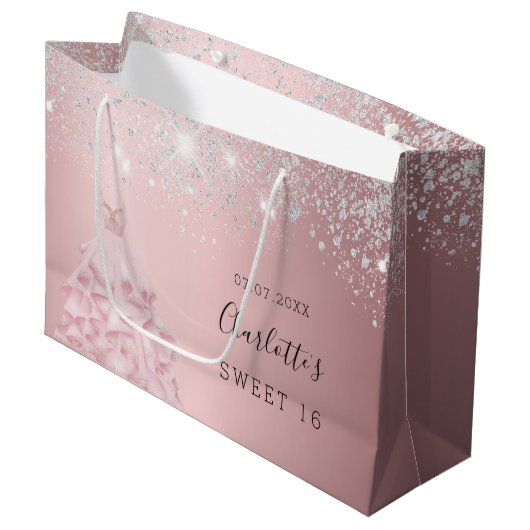 Sweet 16 zwarte roze zilverglitterjurk groot cadeauzakje (Voorkant Gekanteld)