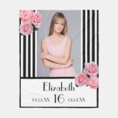 Sweet 16 zwarte strepen roze bloemfoto fleece deken (Voorkant)
