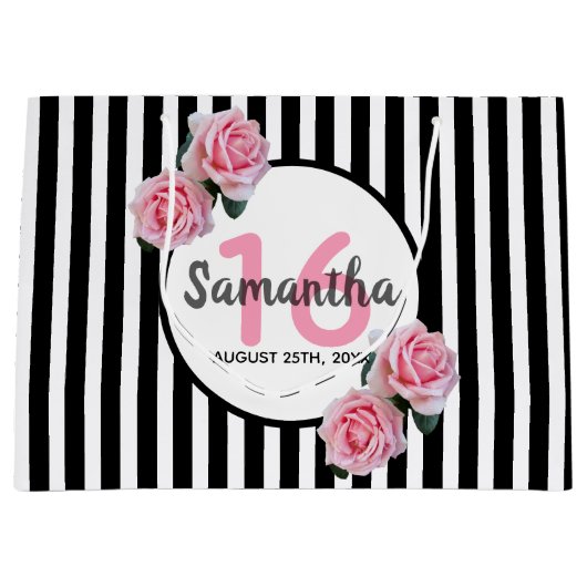 Sweet 16 zwarte strepen roze floral naam groot cadeauzakje (Voorkant)
