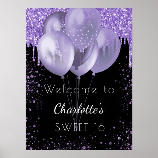Sweet 16 zwarte violetglitter welkomstballonnen poster (Voorkant)