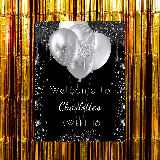 Sweet 16 zwarte zilveren glitter welkomstballonnen poster