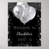 Sweet 16 zwarte zilveren glitter welkomstballonnen poster (Voorkant)