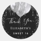 Sweet 16 zwarte zilverglitter-naam bedankt ronde sticker (Voorkant)