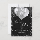 Sweet 16 zwarte zilverglitterballonnen bedankkaart (Voorkant)
