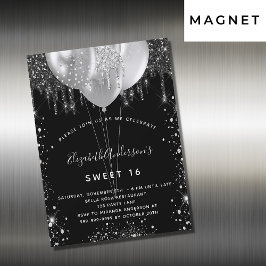 Sweet 16 zwarte zilverglitterballonnen luxe magnetische uitnodiging