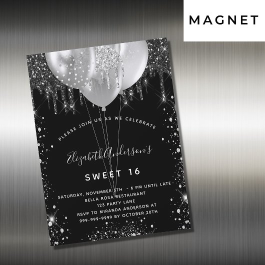 Sweet 16 zwarte zilverglitterballonnen luxe magnetische uitnodiging