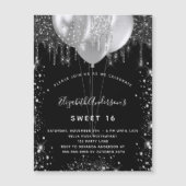 Sweet 16 zwarte zilverglitterballonnen luxe magnetische uitnodiging (Voorkant)