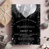 Sweet 16 zwarte zilverglitterballonnen uitnodiging briefkaart